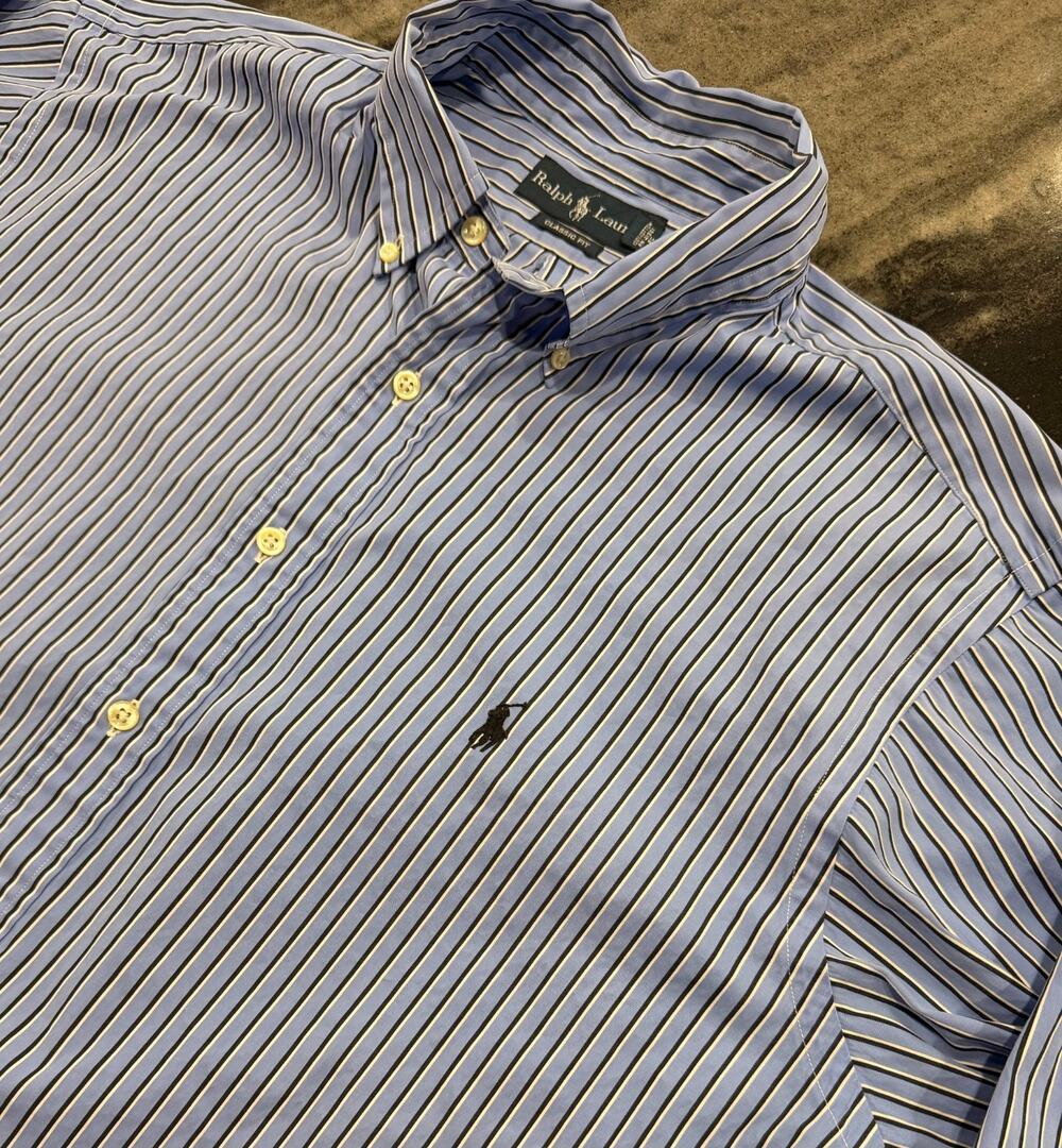 Ralph Lauren Classic Fit Shirt Mens 18 34/35 Blue Navy Stripe Pony Long Sleeve